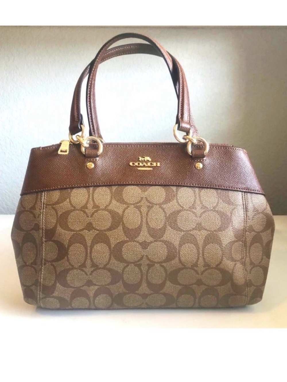 COACH Mini Brooke CarryAll Bag Signature Coated Canvas Leather Brown MSRP $385